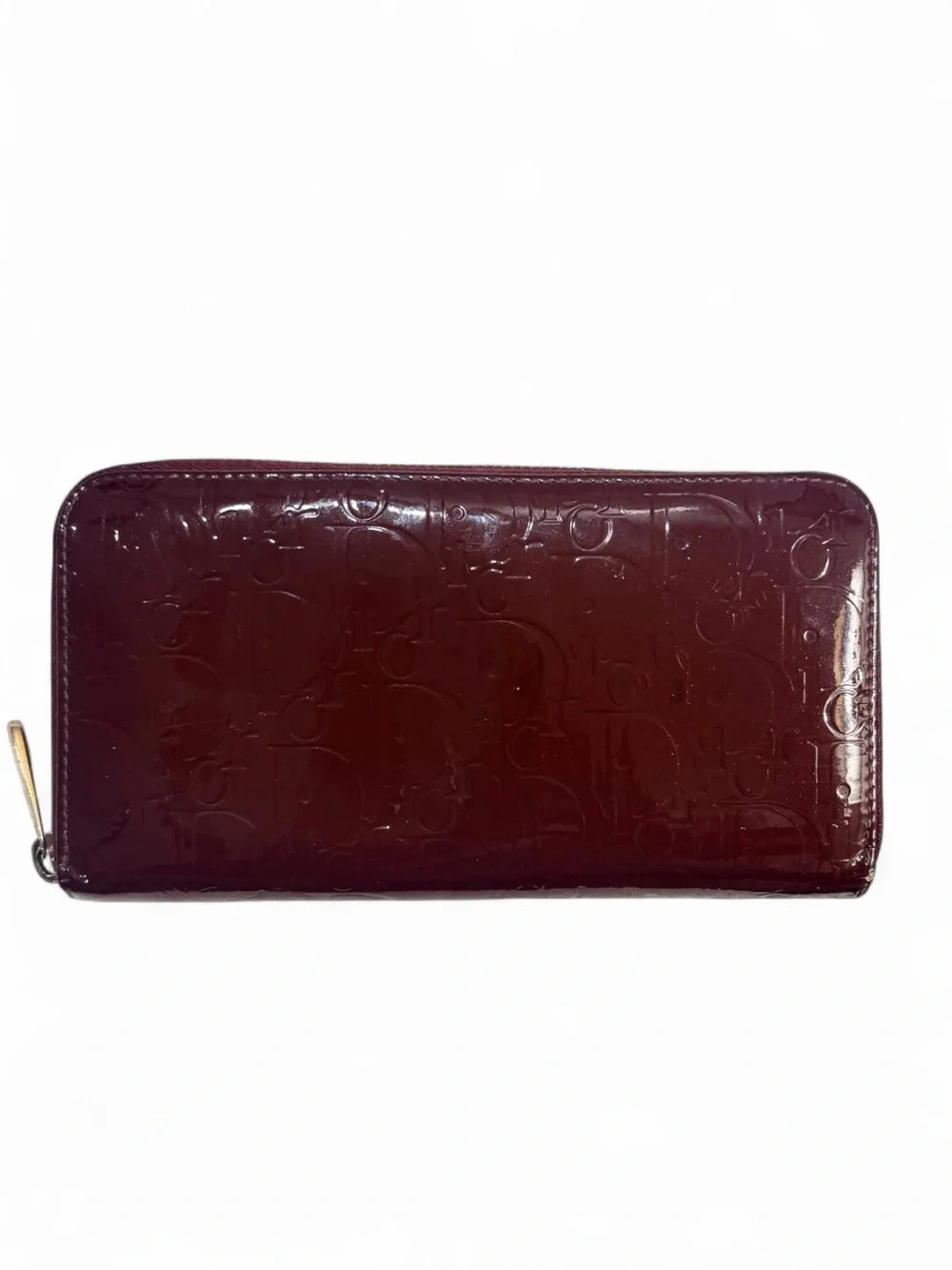 Christian Dior Vintage Trotter Print Patent Leather Long Zip Wallet | Burgundy
